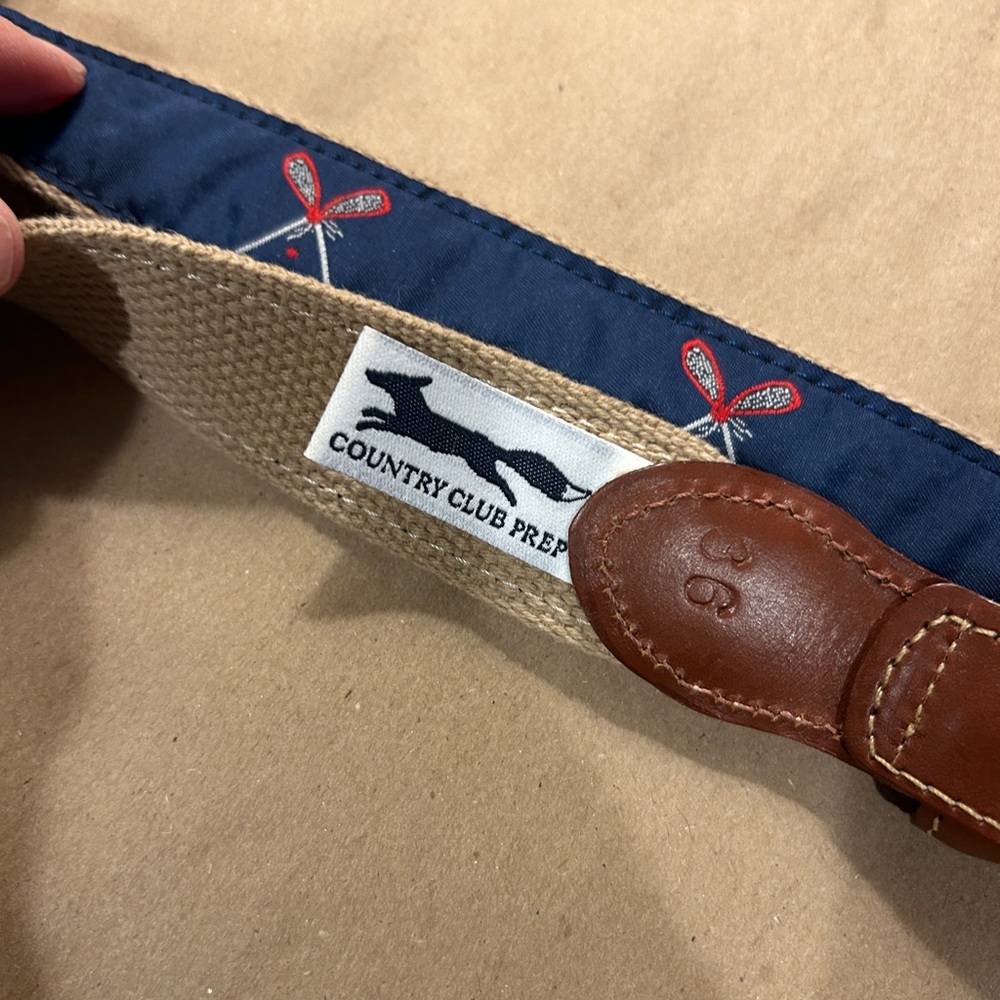 Country Club Prep Canvas Brown Leather Belt with Navy Lacrosse 36